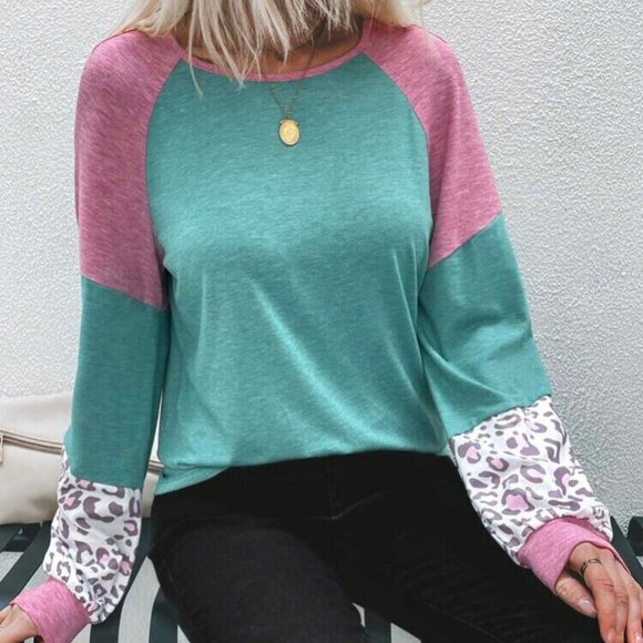 Pink & Teal Leopard Print Colorblock Tee Shirt NEW Spring Fashion trend Size XL - Picture 3 of 4